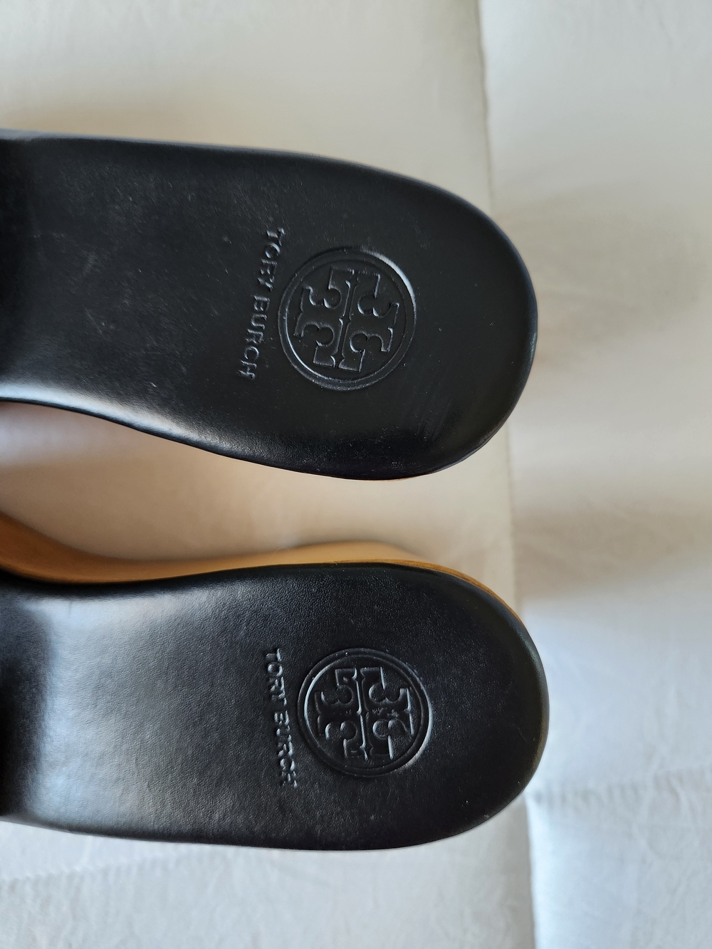 Tory Burch Black Leather Logo Slide Clogs with Wood-Look Wedge - Picture 4 of 8